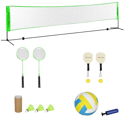 SPORTNOW Badminton Set, Badmintonnetz mit Ständer, Federbällen, 4 Schlägern, verstellbar Volleyballnetz, mit Tragetasche, für Indoor, Outdoor