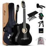 Winzz Konzertgitarre 4/4 Erwachsene, Klassische Gitarre Anfänger Set für Kinder ab 11+ Jahre - Schwarz Glänzend (39 Zoll)