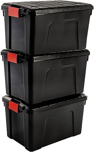 Iris Ohyama, große Kunststoff-Aufbewahrungsbox, 60 l Garagen-Aufbewahrungsbox, 3er-Set, SIA-60, schwarz, stapelbar, Verschlussklammern ? B59 x T39,5 x H35,5 cm