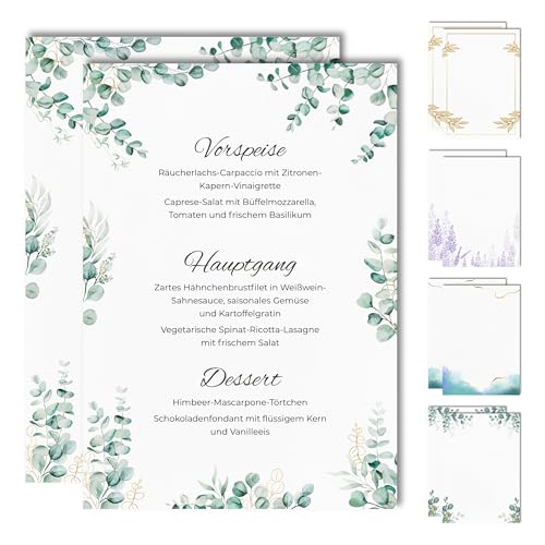 15 Blanko Menükarten für Speisekarten und Getränkekarten für die Hochzeit, Geburtstag, Konfirmation (Eukalyptus 3)