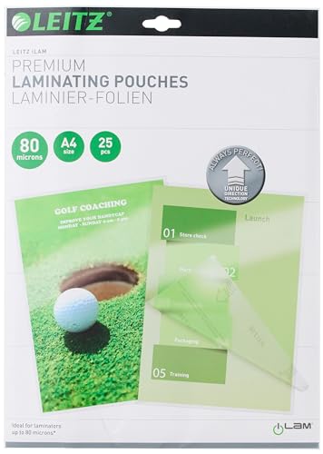 Leitz Heißlaminierfolien A4 80 mic, Laminierfolien in Premium-Qualität im 25er Pack, Glänzend, Transparent, Vereinfachtes Einlegen durch UDT, iLAM, 74790000
