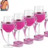 cailiya 4 Stück Weinglashalter Zum Umhängen mit Glas,Weinglashalter für den Hals Wein,Tragbarer Weinglashalter,für Picknick Pool Festivals Hochzeit Geburtstag Party,Groß (Rosa)