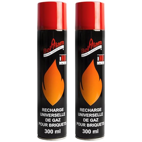 Belfam 2x Kartuschen Butangas-Nachfüllflasche für Feuerzeug 300ml,flambierbrenner, Feuerzeuggas, feuerzeugbenzin 100% Reinheit - 5 Adapters