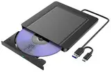 Externes CD DVD Laufwerk, Ultraflacher USB 3.0 & USB-C CD/DVD Laufwerk Extern, CD DVD +/-RW ROM Brenner Optical External DVD Drive für Laptop, PC, Desktop, MacBook, Windows 11/10/8/7/XP/Linux/MacOS