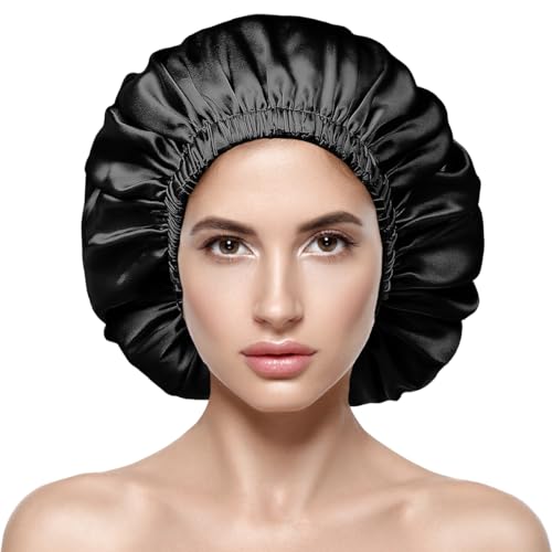 Seidenhaube zum Schlafen 100% Maulbeerseide Eine Doppelte Mütze Satin Bonnet Schlafhaube Seide Verstellbare Kappe Kopfbedeckung Haarhaube mit Elastikband Schlafmütze Nachtmütze für Damen und Mädchen