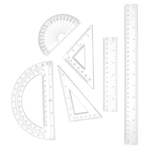 6 Stück Transparentes Geometrie Lineal Set, Klar Lineal Geometrie Set Messwerkzeug Geometrie set Enthält Lineal 15 cm und 30 cm, Geodreieck Lineal Rechte Winkel und Gleichschenkel, Winkelmesser