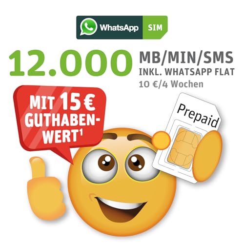 WhatsApp SIM Prepaid - Starterpaket mit 15 EUR Guthabenwert, ohne Vertragsbindung, Option mit 12.000 Einheiten (MB/MIN/SMS), Surf-Geschwindigkeit: 50 MBit/s 5G