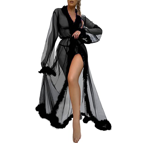 Sexy Tüll Robe Lange Dessous Nachthemd Bademantel Nachtwäsche Feder Braut Robe Dessous Dessous Damen Schulmädchen