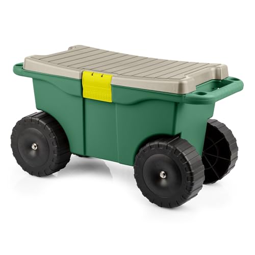 Pure Garden Rollbarer Gartenwagen mit Sitz, Kunststoff-Aufbewahrung mit Bank und Werkzeugablage im Inneren, Gartenhocker zum Jäten und Pflanzen (grün)