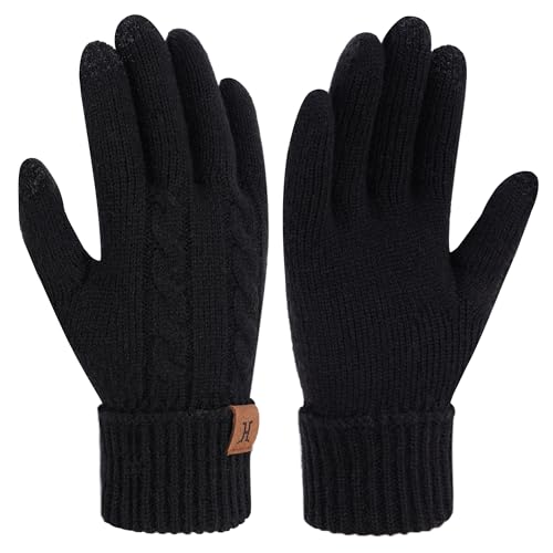 Bequemer Laden Thermo Touchscreen Handschuhe Damen Winter Warm Zopfmuster Winterhandschuhe Strickhandschuhe Fingerhandschuhe mit Elastisch Manschette Frauen Geschenk, Schwarz