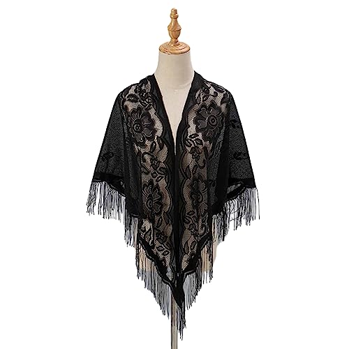 Bodhi2000 Damen-Schal, offene Nähte, Ball-Schal, Blumenstickerei, Damen-Kleidungsstück, Schwarz, 180 cm