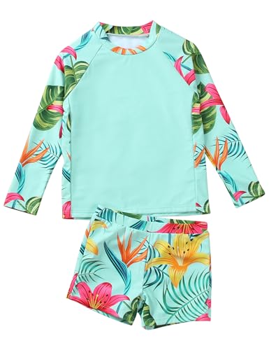 Borlai Mädchen 2 Stück Rash Guard Badeanzug mit Langen Ärmeln Tankini für grüne Blume 9-10 Jahre