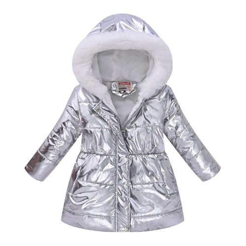 Generisch Winterjacke Mädchen Wintermantel mit Fellkapuze Einfarbig Daunenjacken Mantel Outwear Winddicht Outdoorjacke Mode Länge Steppjacke mit Kapuze Winter Warme Kapuzenmantel Silber 5-6 Jahre