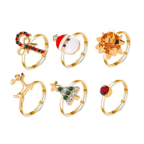 TOFBS Weihnachten Ring Set für Damen 6 Paars weihnachtsring Weihnachten Rentier Weihnachtsmann Schneeflocke Offene Ringe Schmuck für Frauen Mädchen