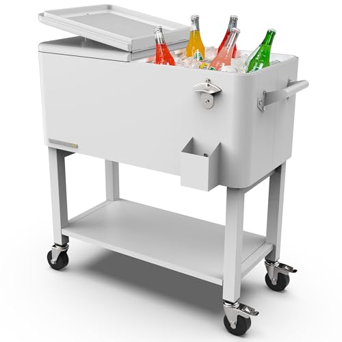 Permasteel Bierkühler | Terrassenkühler auf Rollen mit Abnehmbarem Becken | 75 Liter | Weiß