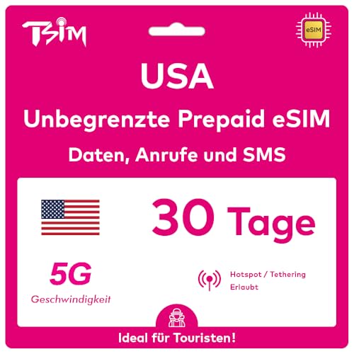TSIM USA eSIM 30 Tage | Unbegrenztes Datenvolumen, Anrufe & SMS | Prepaid USA eSIM | Nutzt das T-Mobile-Netzwerk | Nummer vor der Reise erhalten | Hotspot-Sharing erlaubt | 5G eSIM