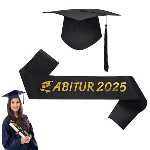 Abitur 2025, Abitur 2025 Geschenke, 2 Stück Abitur Geschenke mit Absolventenhut + Schärpe, Schwarz mit Goldener Aufdruck Abitur 2025 Deko, Geschenke zum Abitur 2025 für Abitur Graduation Party Deko