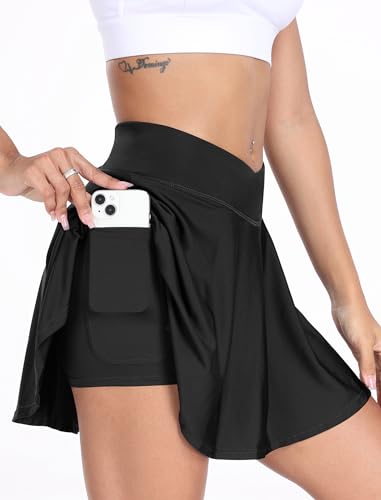 Tennis Rock Damen Sport Golf Skort mit Tasche & Innenhose Minirock Laufrock dehnbar V Bund Hohe Taille Rock Schwarz M