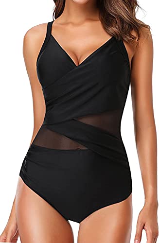 Laorchid Damen Badeanzug Cut Out sexy Bademode Swimsuit Push up figurformend Einteiler Schwimmanzug Damen Schlankheits Sommer Schwarz mit Taille Mesh 2XL