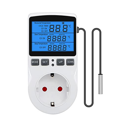 Gobesty Digital Thermostat Steckdose, Temperaturregler 230v mit Fühler, LCD Bildschirm Temperaturschalter, Heizen Kühlen Thermostatstecker, Timer Tag Nacht Temperaturregler für Gewächshaus, Aquarium