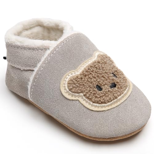 IceUnicorn Krabbelschuhe Baby Winter Krabbelschuhe Gefüttert Plüsch Hausschuhe Baby Lauflernschuhe Warm Weiche Leder Babyschuhe(Grauer Bär P, 12-18 Monate)