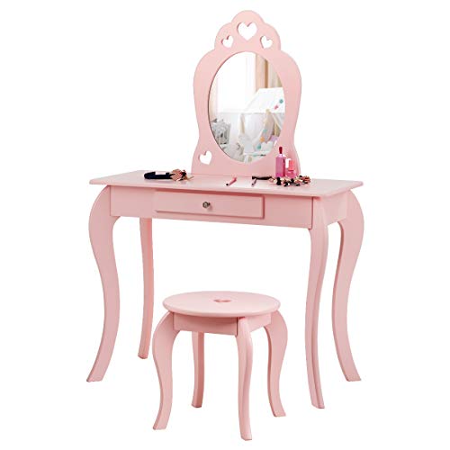 DREAMADE Schminktisch Kinder mit Hocker und Abnehmbarer Spiegel, Prinzessin Frisiertisch aus Holz mit Antikipp-Schutz, Kinderschminktisch für Kinder Mädchen (Rosa)