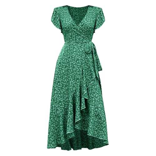 Sommerkleid Damen Lang Boho Kleid Rüschen Maxikleid Mit Gürtel Blumenkleid V-Ausschnitt Strandkleid Blumendruck Bohokleid Hohe Taille Tunikakleid High Low Wickelkleid Freizeitkleider
