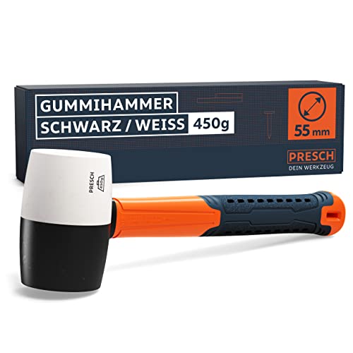 Presch Gummihammer Schwarz/Weiß 450g - Hartgummihammer mit Fiberglasstiel | ⌀=55mm - Allround-Gummihammer mit zwei Seiten für Indoor und Outdoor - Langlebiger Schonhammer