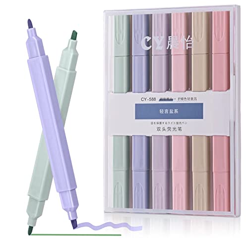 MumdoYAL Dual Tips Textmarker,6PCS Ästhetische Textmarker Pastell Set, No Bleed Dry Fast Easy to Hold,für Journal Bibel Planer Notizen Schule Bürobedarf (Blau)