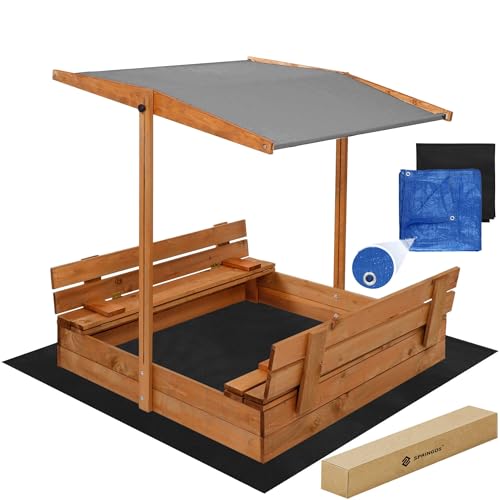 Sandkasten Holz 120x120 cm mit klappbaren Sitzbänken & Rückenlehnen – Outdoor Kindersandkiste mit Abdeckplane & Bodenvlies – Wetterfest & sicher – SPRINGOS