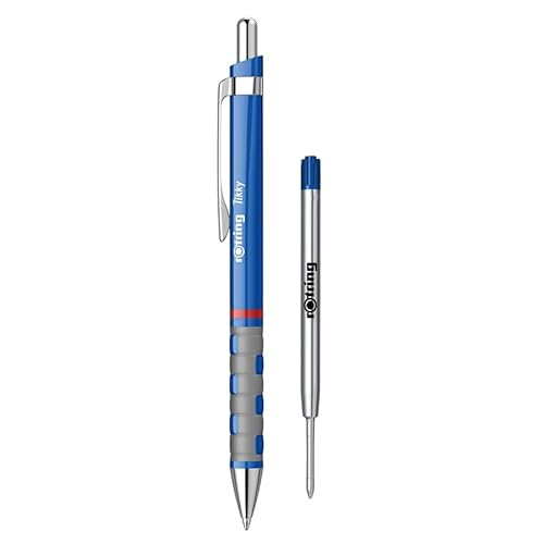 rOtring Tikky Leichter Kugelschreiber mit gummiertem Griff, blauer Schaft, Set Tikky Jumbo-Kugelschreiberminen, blaue Tinte