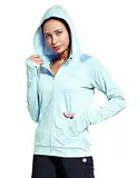 FitsT4 Sports Laufjacke Damen Leichte Sportjacke Langarm Fitness Yoga Trainingsjacke voll Zip Funktionsshirt Schnelltrockend Atmungsaktiv mit Kapuze, Daumenloch und Taschen,Blassblau,M