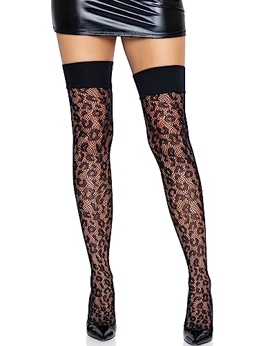 LEG AVENUE Damen Oberschenkelstrümpfe mit Leopardenmuster, mit breitem Band Strumpfhose, Schwarz, Einheitsgre