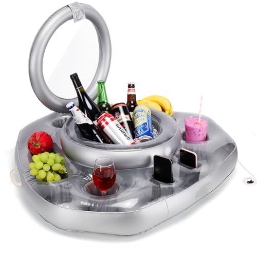 DEJIN Aufblasbarer Pool-Kühler, 81x81x18 cm Schwimmkühler aus dickem grauem PVC, langlebiges Dreiecksdesign für Pool, Bootfahren, Camping – für Getränke, Snacks, Handy & Bluetooth-Lautsprecher
