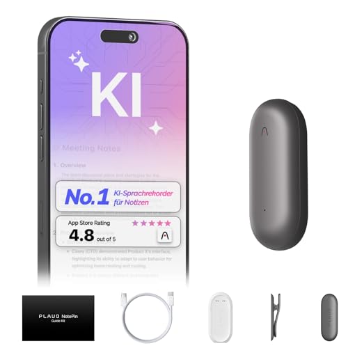 KI-Sprachrekorder, PLAUD NotePin Sprachrekorder, App-Steuerung, KI-Notizgerät, KI-Transkription & Zusammenfassung, 112 Sprachen, 64GB Speicher, Audiorekorder für Vorlesungen, Meetings, Kosmisches Grau