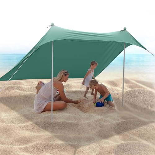 JAICOM Strandzelt, 2.1x2.1m Strandmuschel, UPF50+ UV-Schutz und Wasserdicht Sonnensegel, Mit Aluminiumstange, Sandschaufel, Heringen,Geeignet für Strand Schatten, Camping, Garten Verwenden