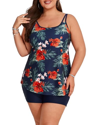 Hanna Nikole Damen Übergröße Bauchweg Tankini U Ausschnitt Swimwear Freizeit Navy Blau Blume 56