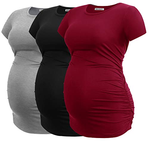 Smallshow Damen Umstandsmode Tops Seitlich Geraffte Schwangerschafts Umstandstop 3er Pack Black/Grey/Wine L