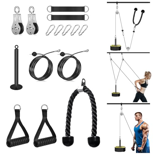 Kabelzug Fitness, Doppelkabel Latzug mit Griff Trizepsseil Kabelzug Pulley System Latzug-Maschine Kabelturm Fitness Trainer Trainingsgeräte Zuhause