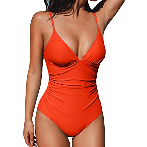 Badeanzug Damen Schwarz ßE GrößEn Damen Frauen 1 Stück WebbingTank Anzüge Shirred Vintage Up Athletic Training Baden Sport Control Badeanzug Gepolsterter Bauch Baywatch Badeanzug Bikini (Orange, XL)