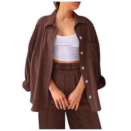Zweiteiler Damen Sommer Outfits Musselin Bluse und Shorts, Aesthetic 2 Teiler Lounge Set Elegant Sportanzug Oversize Hosenanzug Langarm Hausanzug Y2K Clothes,Braun,S