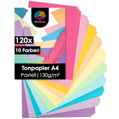 OfficeTree 120 Blatt Tonpapier Pastell A4 Papier 130g - 10 Farben - Bastelpapier Pastellfarben zum Basteln, Falten & Drucken - Papier Pastell - Bastelpapier Pastell - Tonpapier Pastellfarben