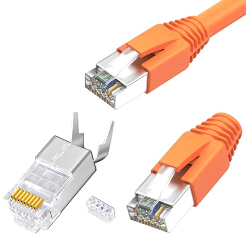 RedStar24 RJ45 Stecker Cat7 10er Set | Lan Netzwerkstecker, Geschirmt | Inkl. Zugentlastung, Knickschutztülle Orange & Einführhilfe | Ideal für CAT 7, Cat6A Verlegekabel AWG23 | 8-Poliger Plug