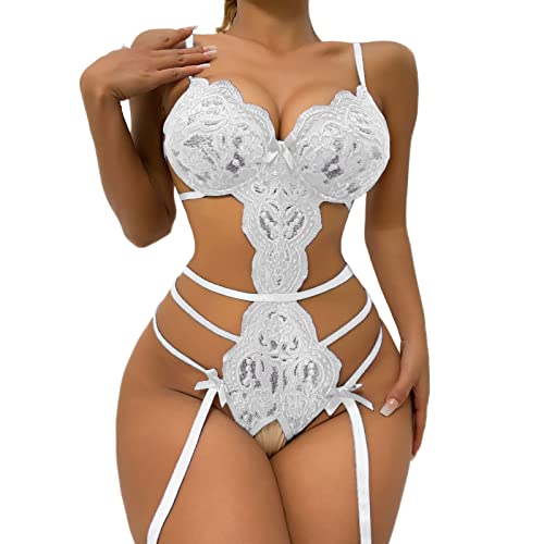 Catsuit mit Druckknopfverschluss, sexy Spitzen-Bodysuit mit tiefem V-Teddy-Spitze-Bodysuit Hochwertige Dessous(Weiß,XL)