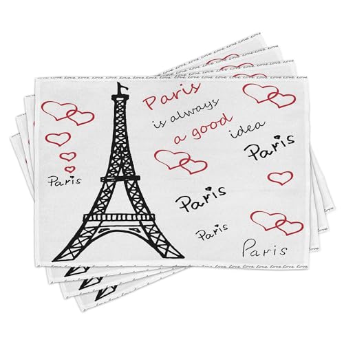 ABAKUHAUS Eiffelturm Platzmatten 8 Stück, Eiffelturm Paris Ist Immer Eine Gute Idee Tourismusorte Süße Liebe, Waschbare Stoff Esszimmer Küche Tischdekorations Digitaldruck, Schwarz Rot