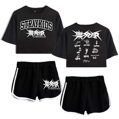 Flyself Kpop Stray Kids T-Shirts und Hosen Trainingsanzug Herren Damen 2023 Neues Album 樂-Star Kurzarm T-Shirt & Kurze Hose 2 Stücke Set Sportanzug Rock Star