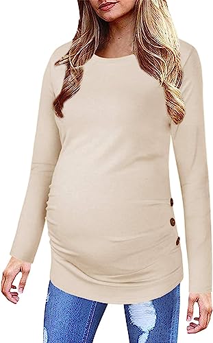 Saodimallsu Damen Umstandsshirt Langarm Stillshirt Umstandstop Rundhals Schwangerschafts Oberteil Nursing Tops Sommer Atmungsaktiv Schwanger T-Shirt Beige M