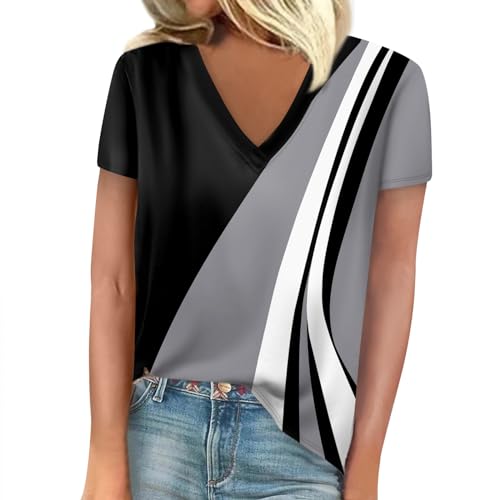 Damenmode ????, Shirt Damen Sommer Lustige V Ausschnitt Kurzärmelige T Shirt Oversize Party Leichtes Regular Coole Tunika, Schulmädchen Outfit Frau Sexy Schwarz 2XL