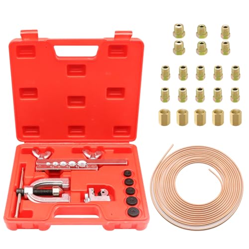 Bremsleitung Bördelgerät, Werkzeugsatz zum Aufweiten von Bördelgerät Bremsleitungen, 7,62m Ø 4,75mm Bremsleitung mit 16 Anschlüssen+5 Verbinder, Ideal Für Hydraulische Kfz-Bremssysteme