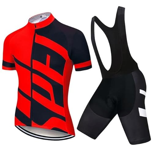 VeloZenith Herren Fahrradtrikot Set schnell trocknendes Radtrikot kurzarm mit Sitzpolster atmungsaktives Shirt + Trägerhose/Radlerhose für Radsport S-2XL,Schwarzrot mit Träger,XXL